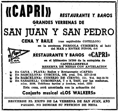 Anuncio de la Verbena de San Juan del restaurante-balneario Capri de Gav Mar con la actuacin de Los Walkers publicado en el diario La Vanguardia el 19 de Junio de 1963